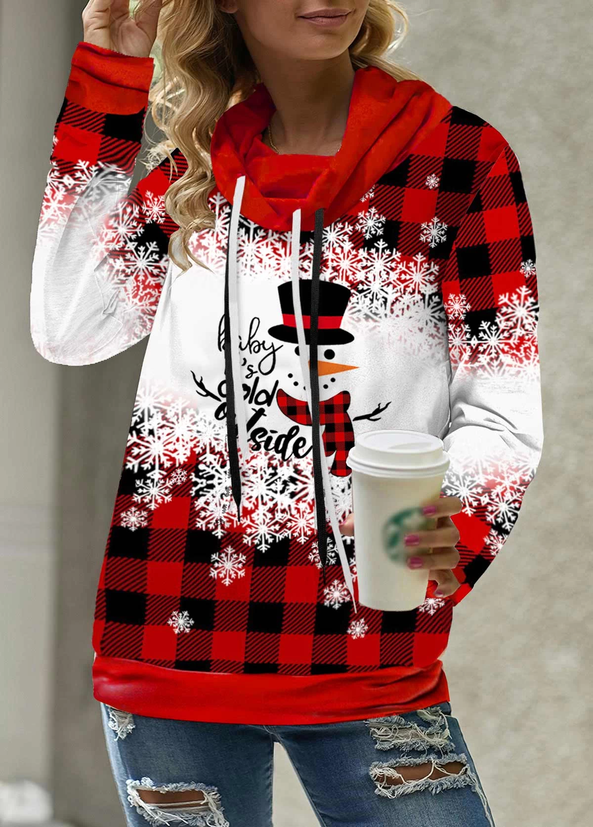 Drawstring Christmas Snowman Print Red Sweatshirt - Image 6