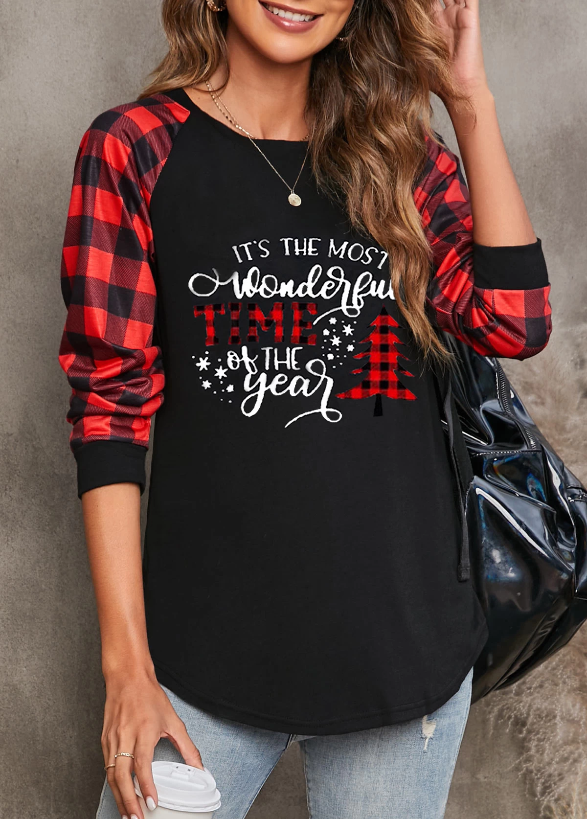Red Christmas Print Long Sleeve Round Neck Sweatshirt - Image 3