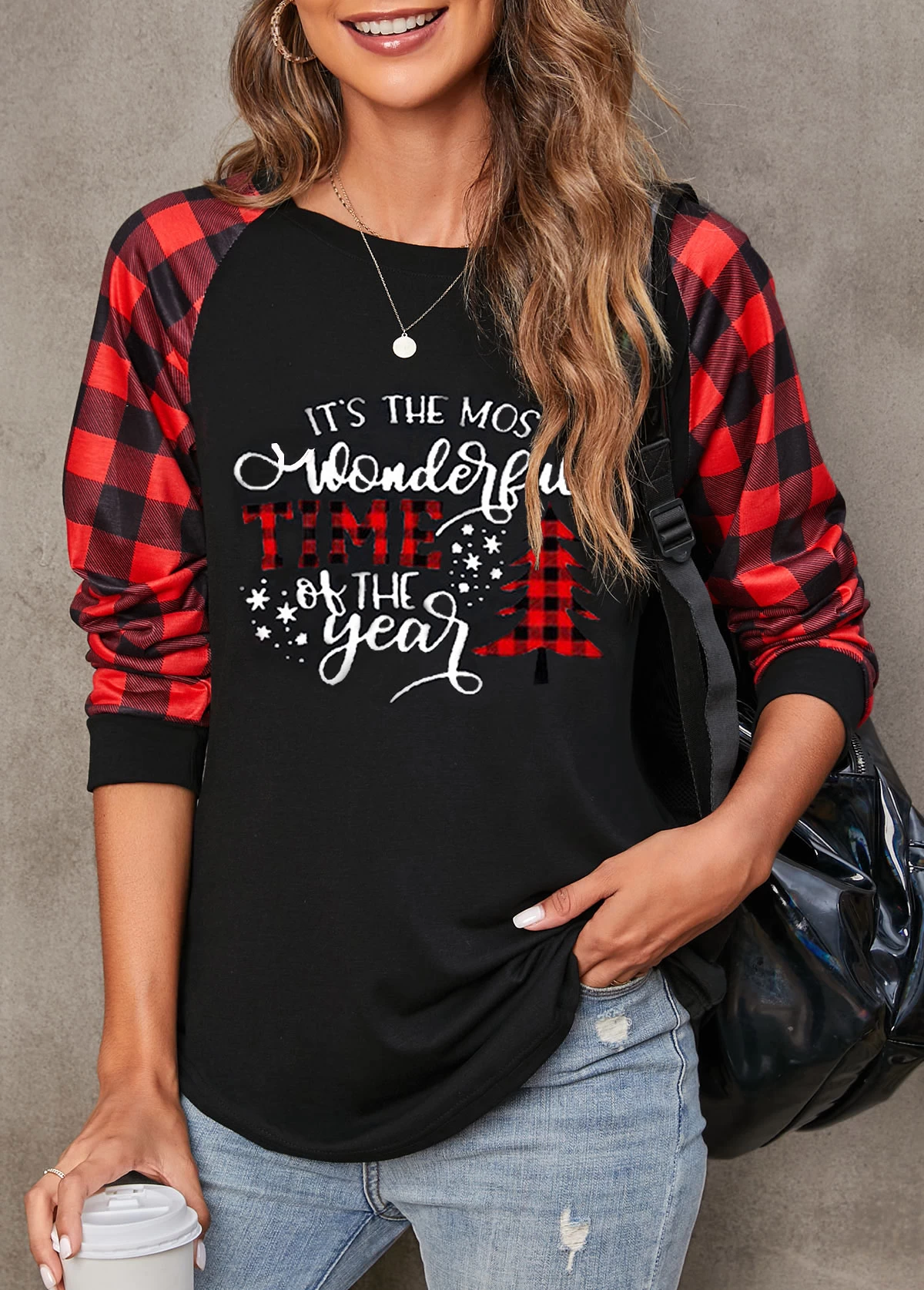 Red Christmas Print Long Sleeve Round Neck Sweatshirt - Image 4