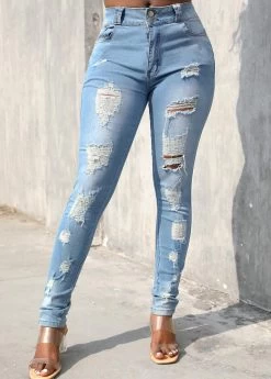 Light Blue Hole Skinny Zipper Fly Jeans