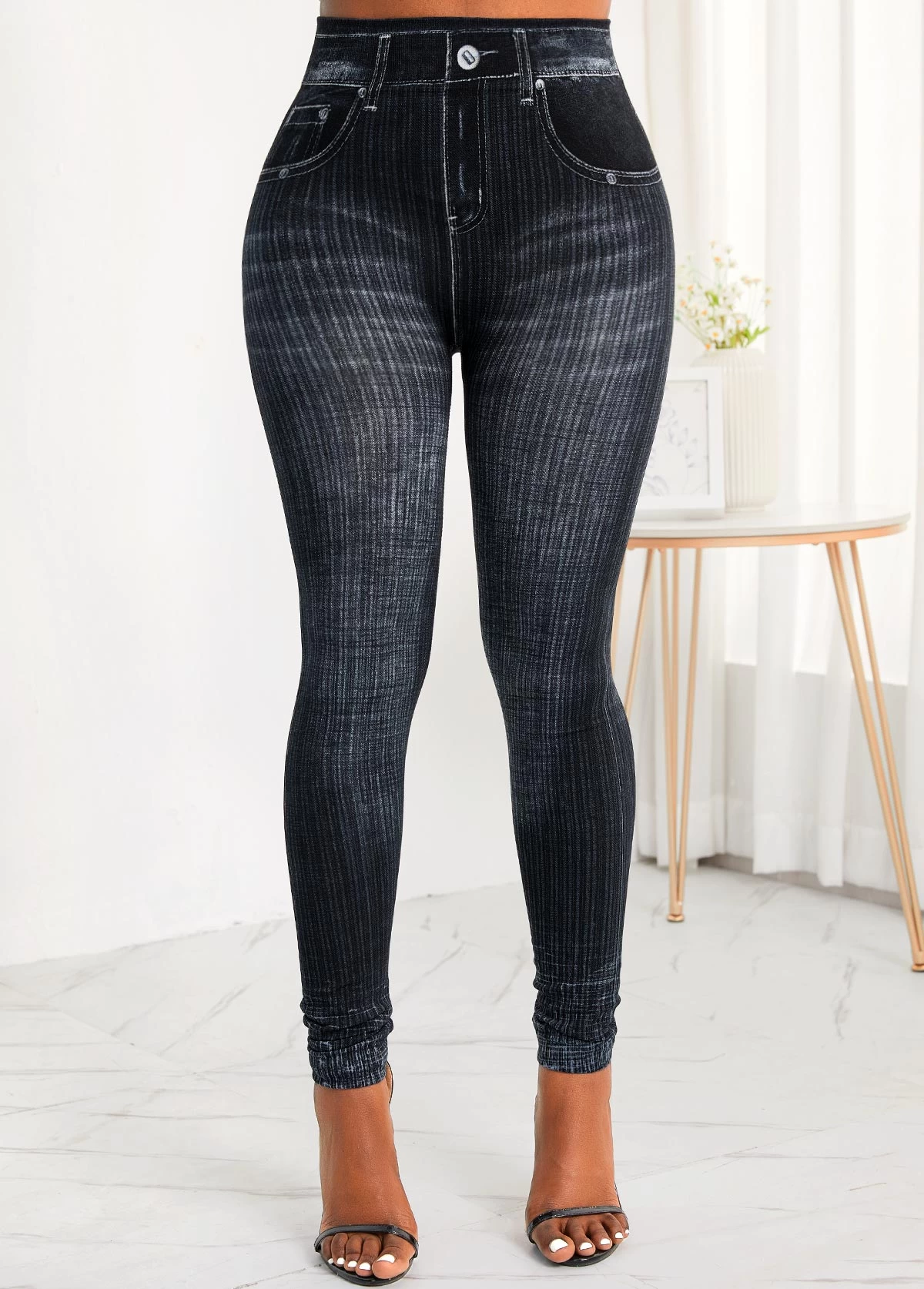 Black Pocket Skinny Zipper Fly High Waisted Jeans - Image 5