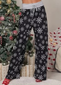 Black Drawstring Christmas Print Drawastring Pants