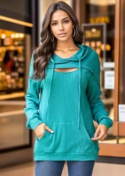 Cyan Lace Up Long Sleeve Hoodie