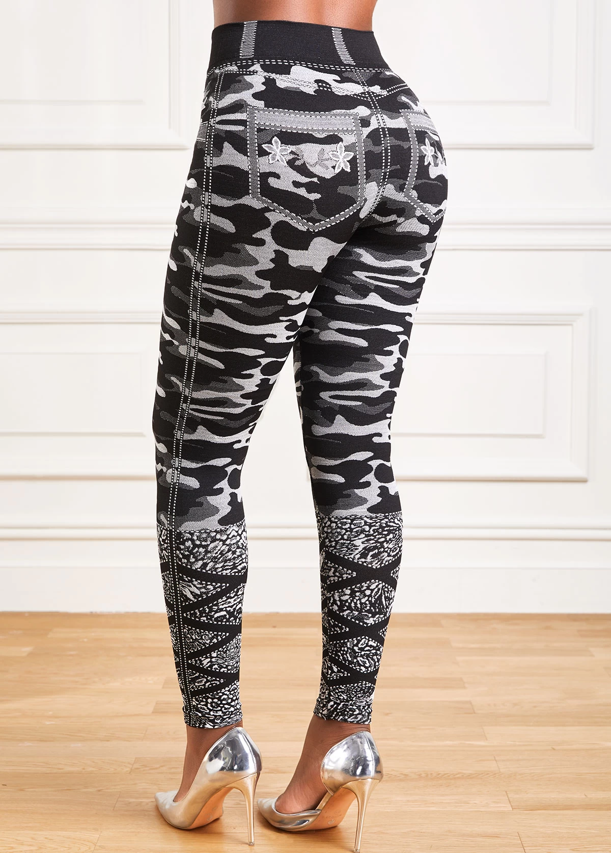 Grey Camouflage Print High Waisted Ankle Length Leggings - Image 2