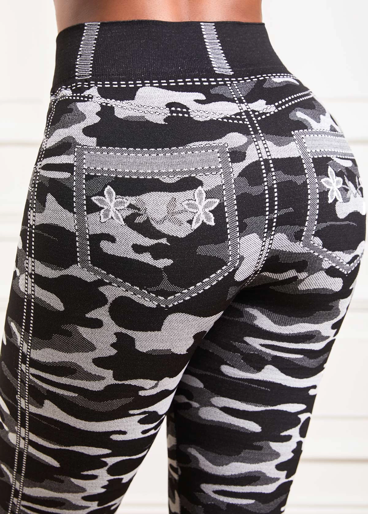Grey Camouflage Print High Waisted Ankle Length Leggings - Image 7