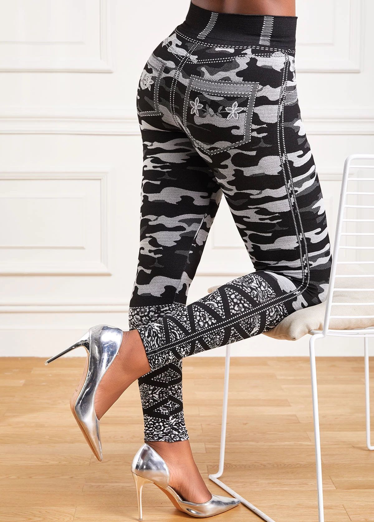 Grey Camouflage Print High Waisted Ankle Length Leggings - Image 6