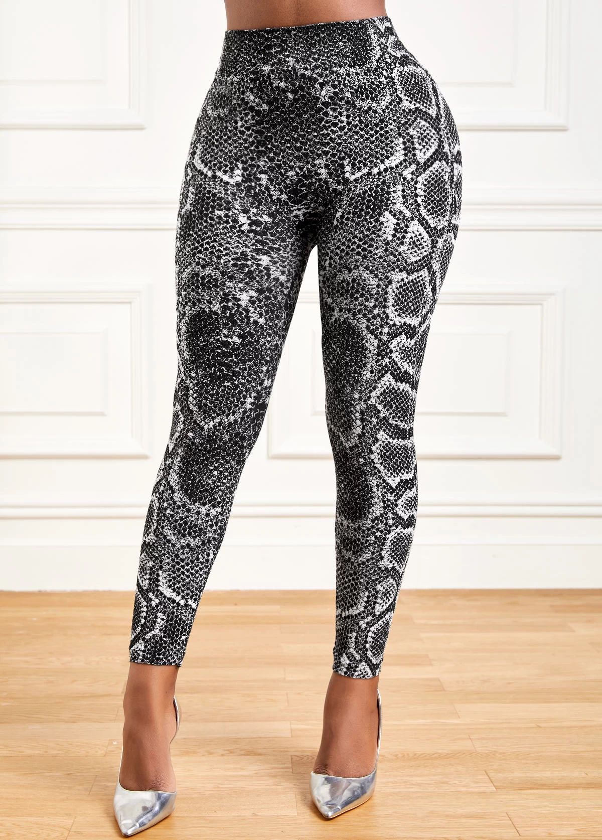 Grey Snakeskin Print High Waisted Leggings - Image 5