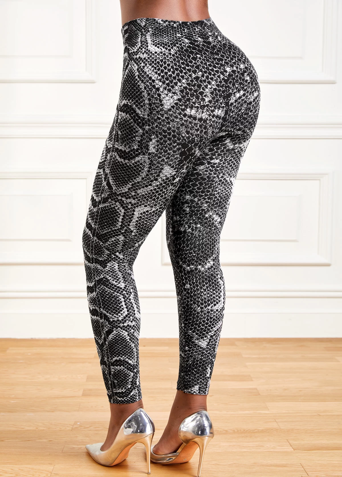 Grey Snakeskin Print High Waisted Leggings - Image 2