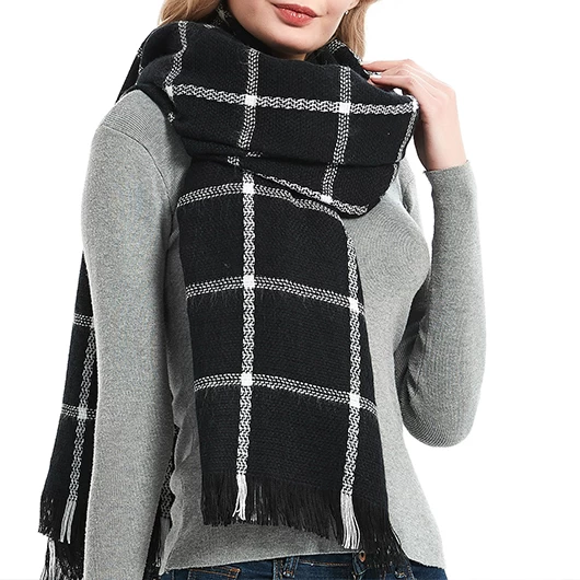 Black Plaid Tassel Design Cashmere Scarf