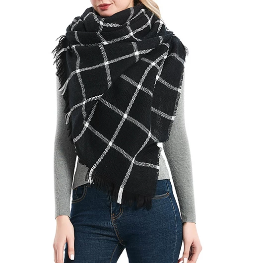 Black Plaid Tassel Design Cashmere Scarf - Image 2