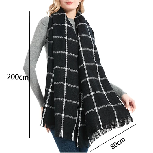 Black Plaid Tassel Design Cashmere Scarf - Image 3