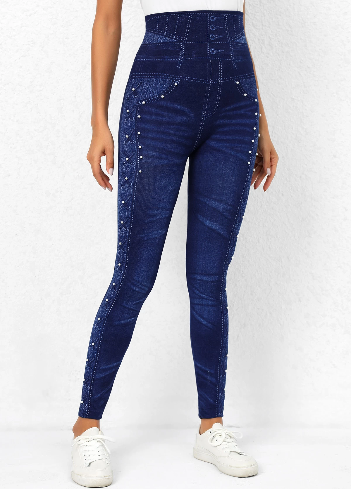 Denim Blue High Waisted Beaded Leggings - Image 3