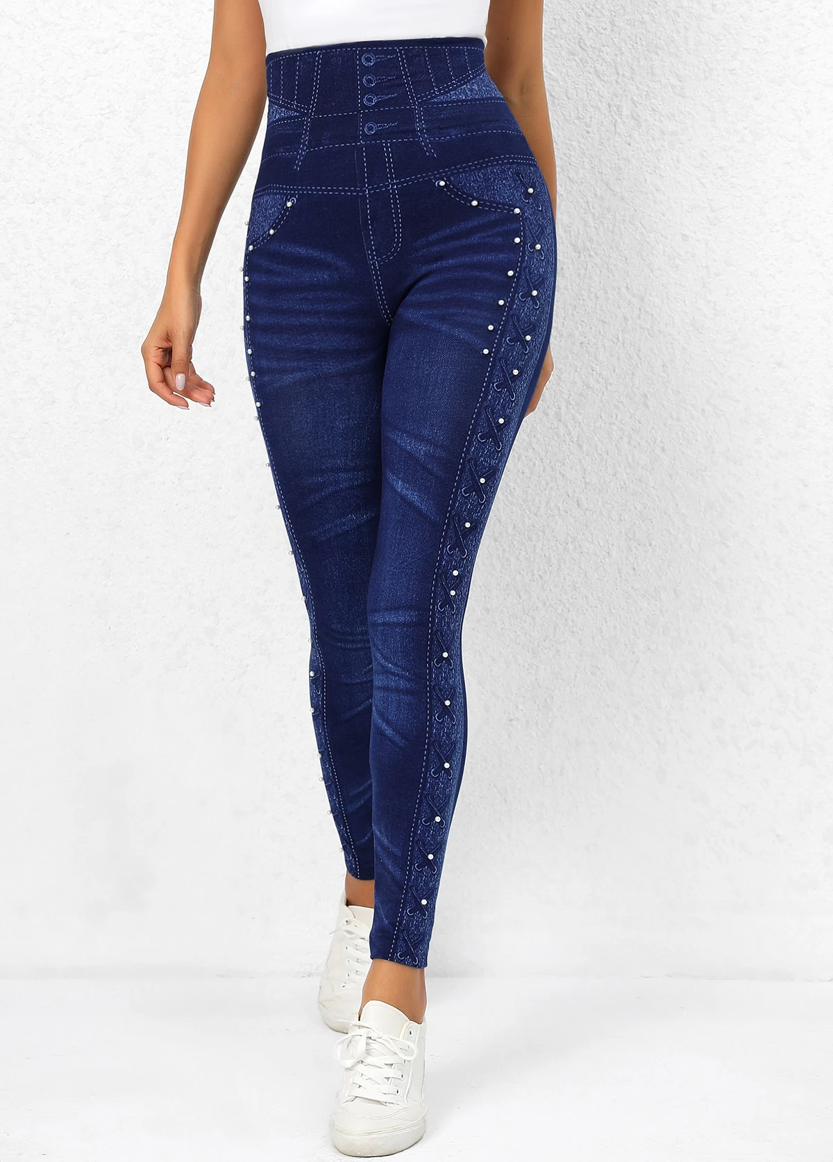 Denim Blue High Waisted Beaded Leggings - Image 4