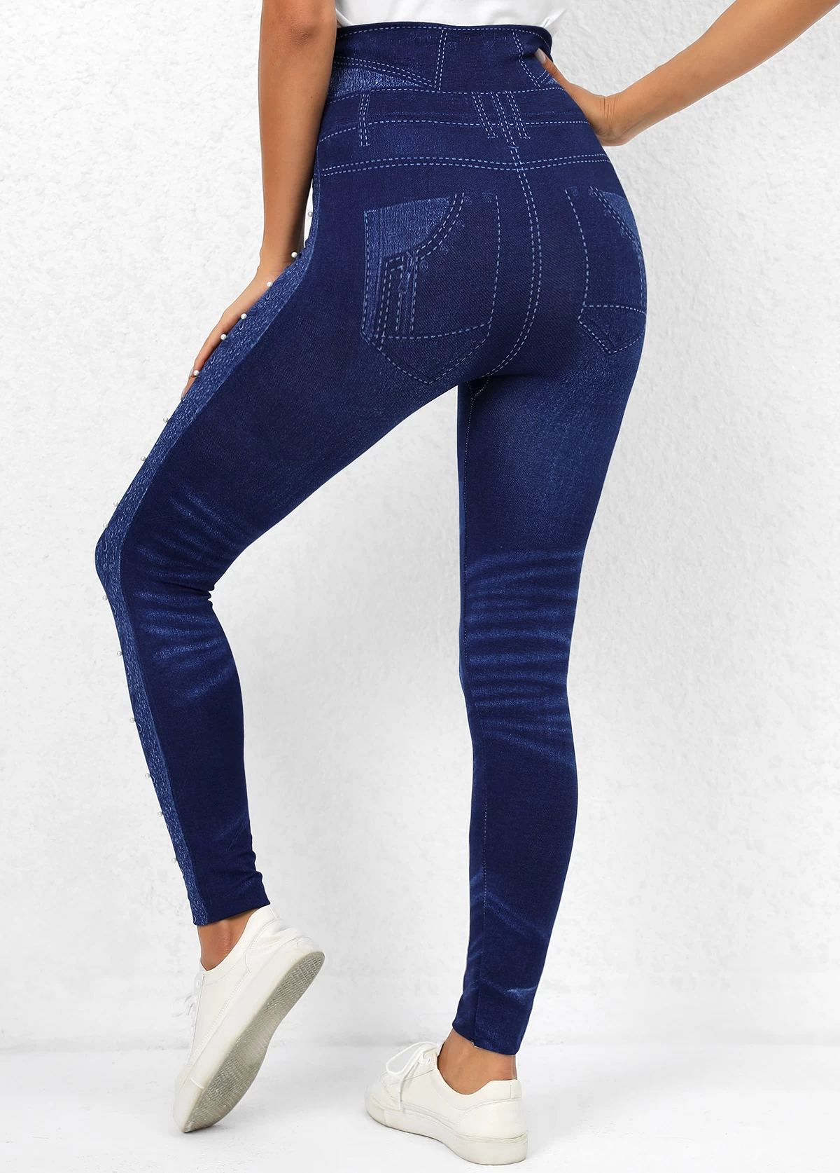 Denim Blue High Waisted Beaded Leggings - Image 2