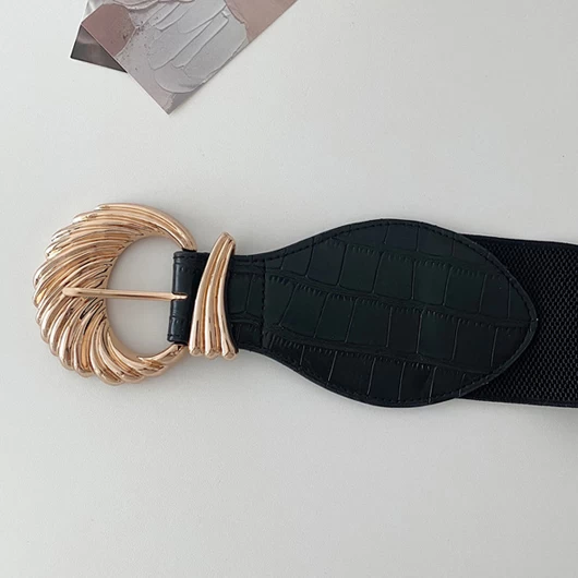 Metal Detail Black Leather Wide Belt - Image 3