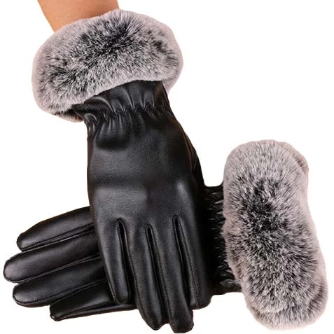 Faux Rabbit Fur Warming Black Full Finger Gloves - Image 2