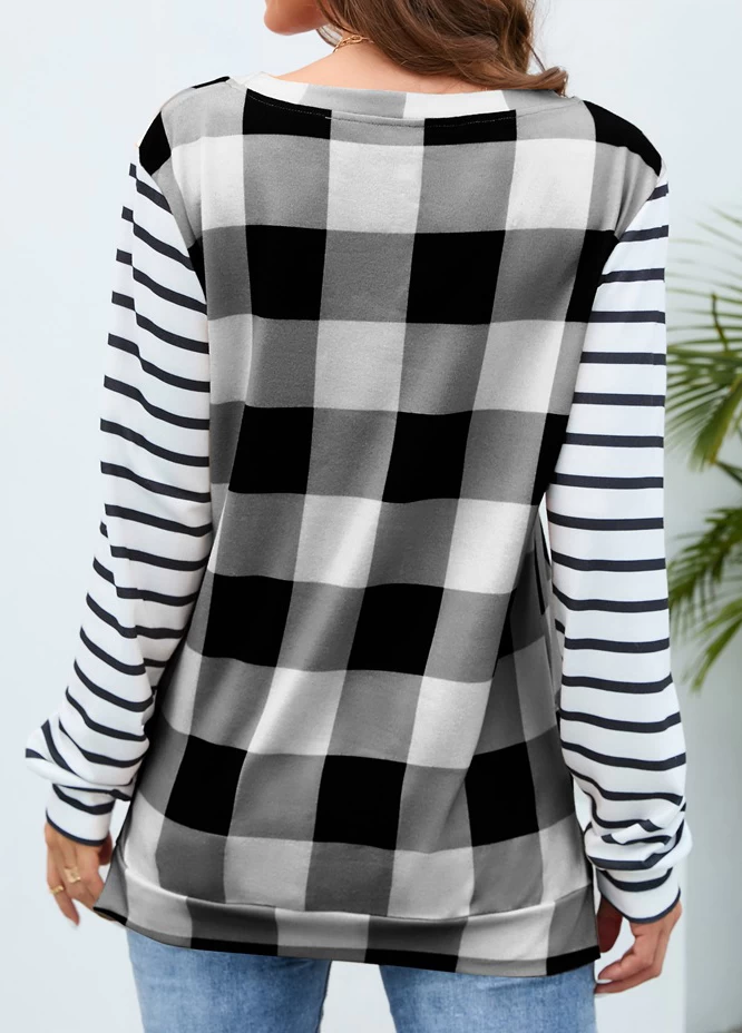 White Plaid Long Sleeve Round Neck T Shirt - Image 2