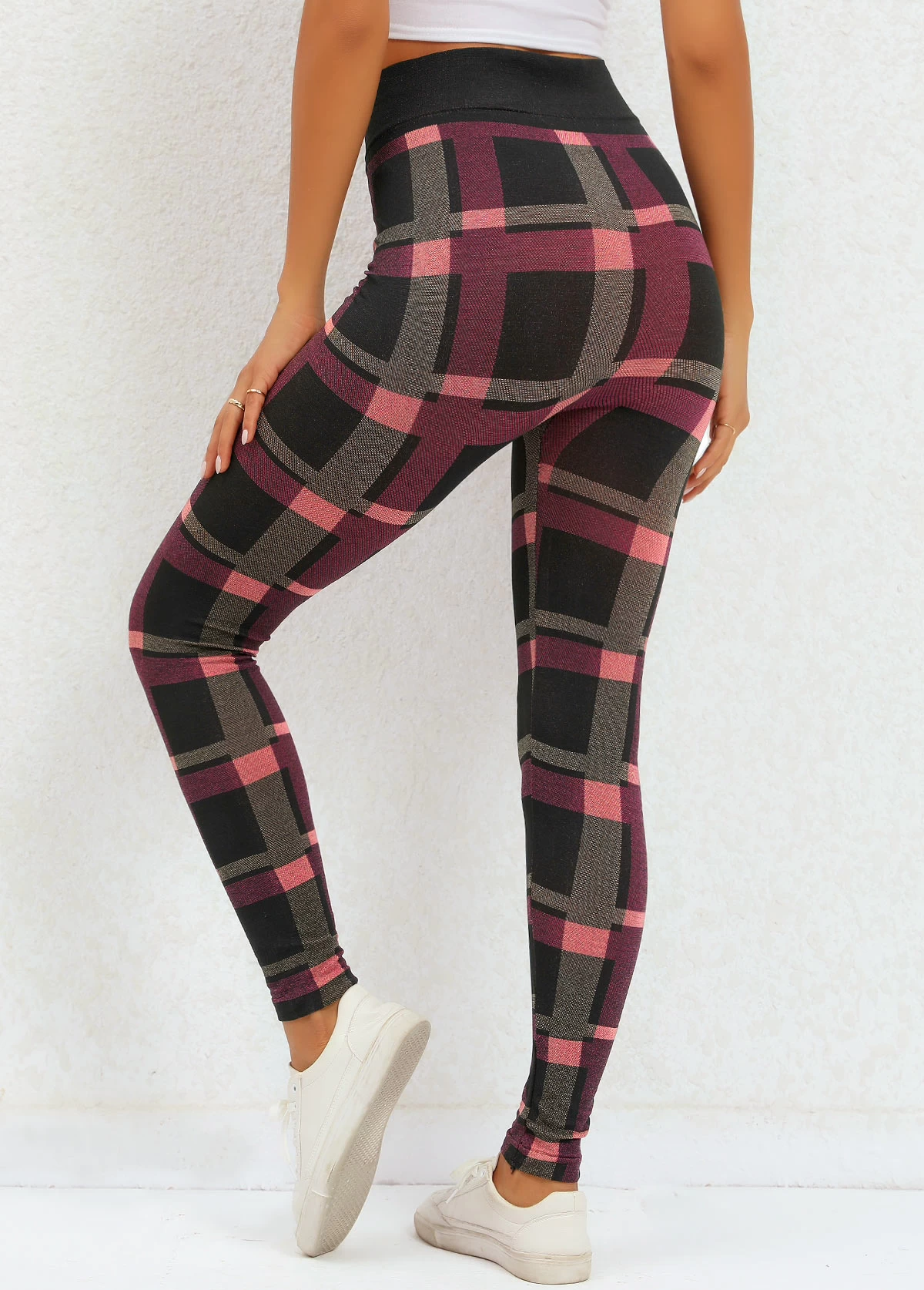 Deep Red Plaid High Waisted Ankle Length Leggings - Image 2