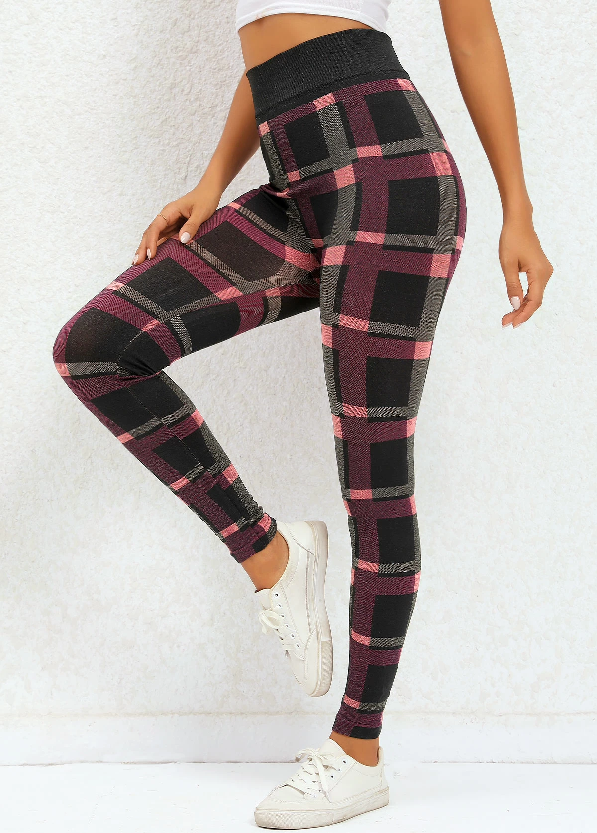 Deep Red Plaid High Waisted Ankle Length Leggings - Image 4