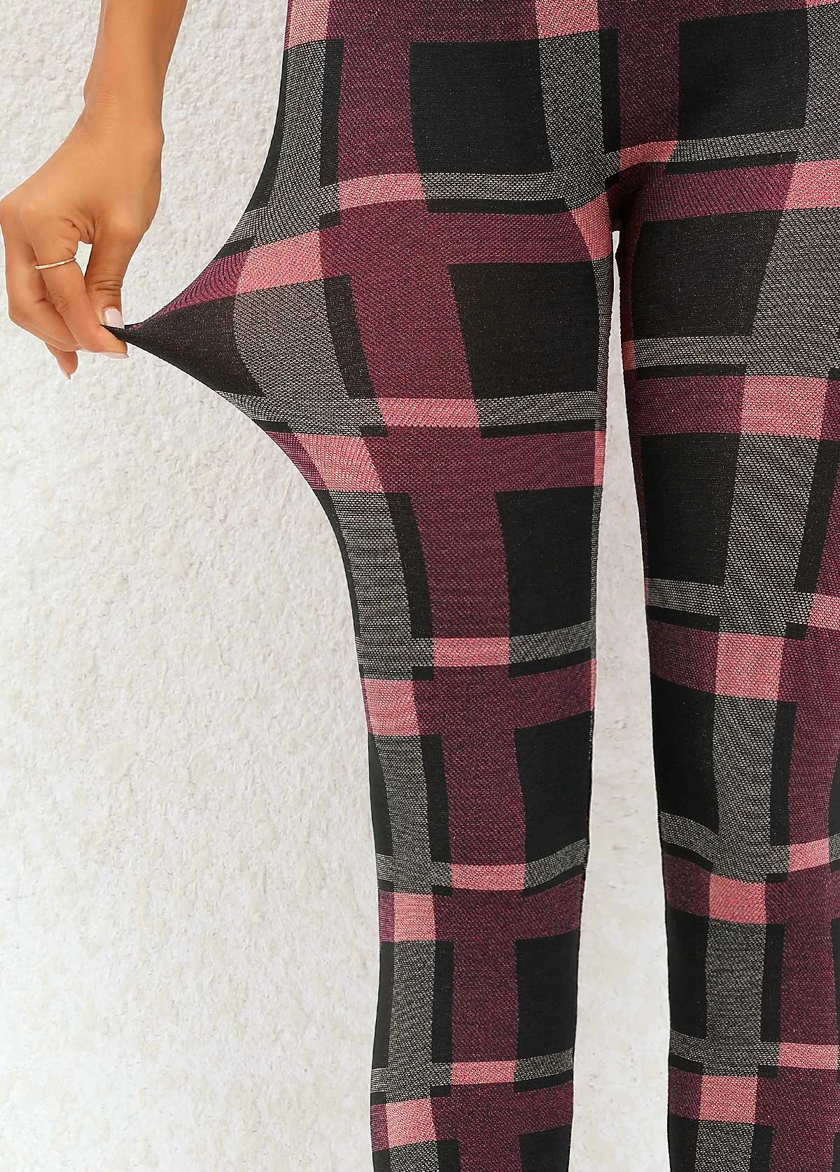 Deep Red Plaid High Waisted Ankle Length Leggings - Image 6
