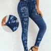 Navy Floral Print High Waisted Ankle Length Leggings