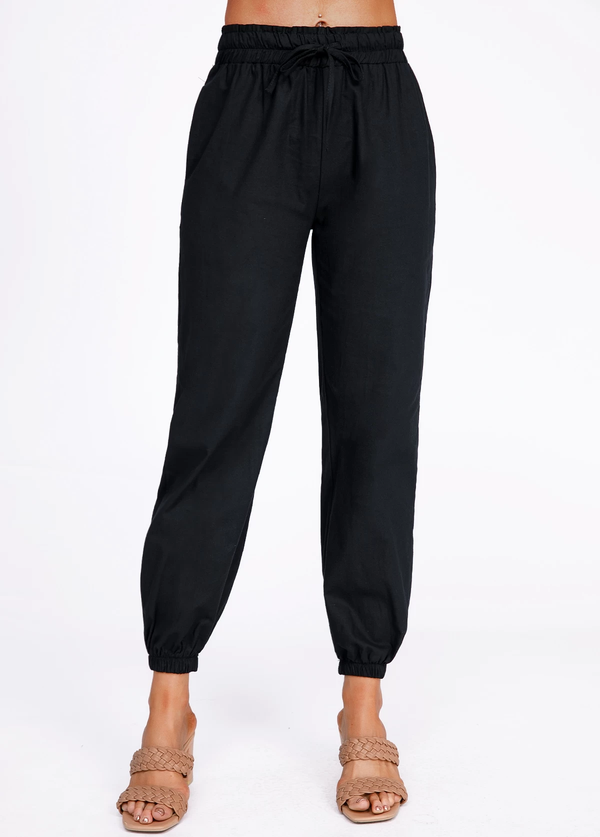 Black Drawstring Belted High Waisted Pants - Image 3