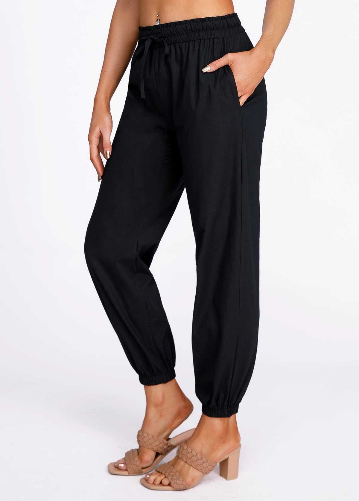 Black Drawstring Belted High Waisted Pants - Image 4