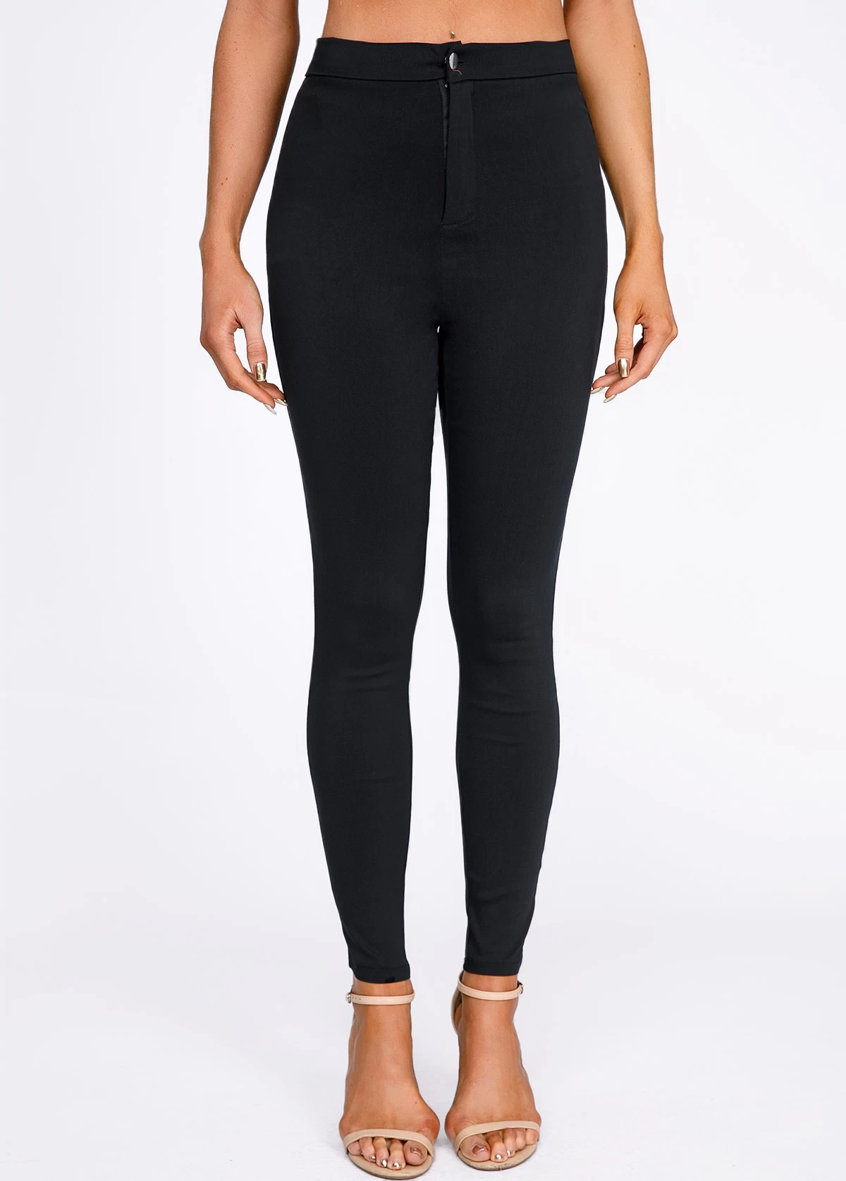 Black Skinny Button Fly High Waisted Pants - Image 3