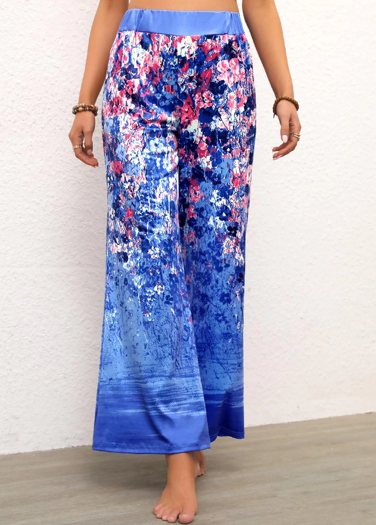 Blue Ditsy Floral Print Elastic Waist Pants - Image 3