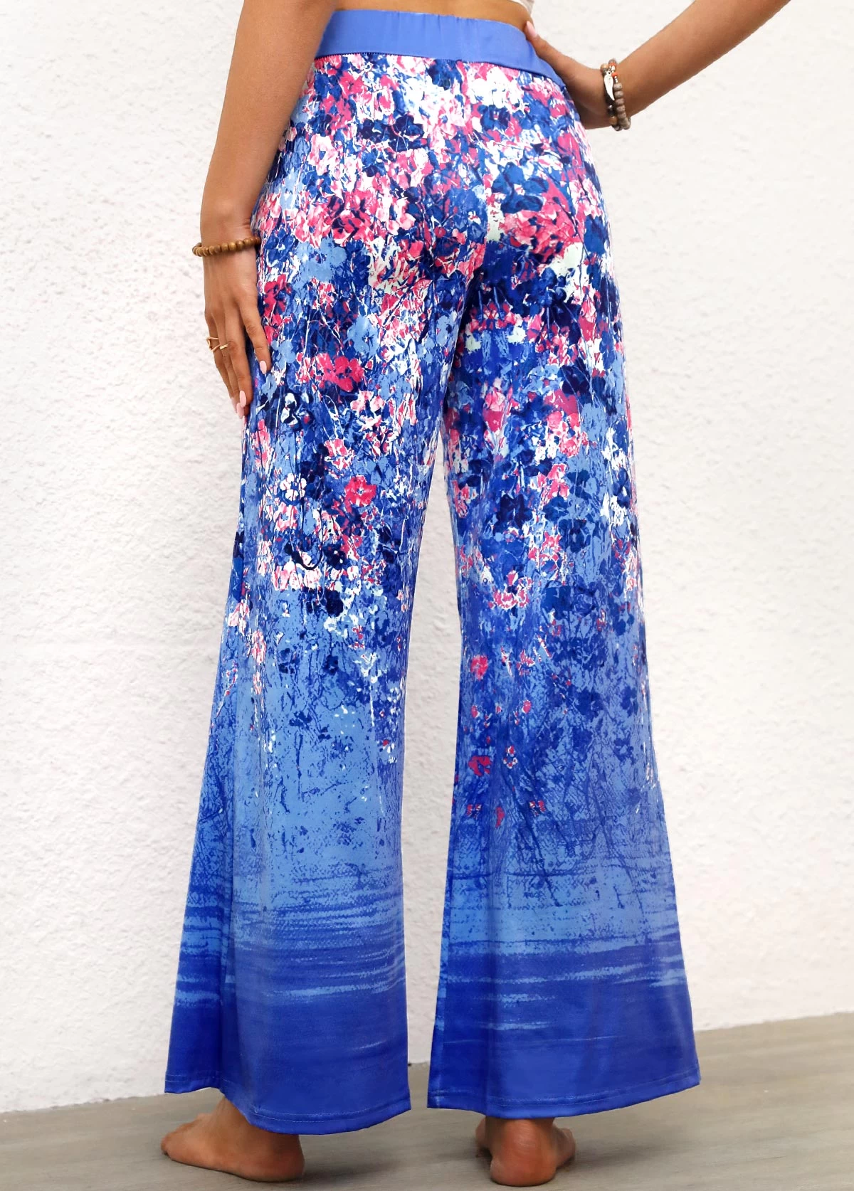 Blue Ditsy Floral Print Elastic Waist Pants - Image 2