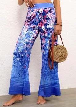Blue Ditsy Floral Print Elastic Waist Pants