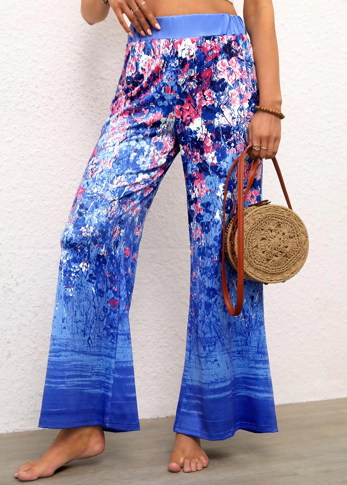 Blue Ditsy Floral Print Elastic Waist Pants