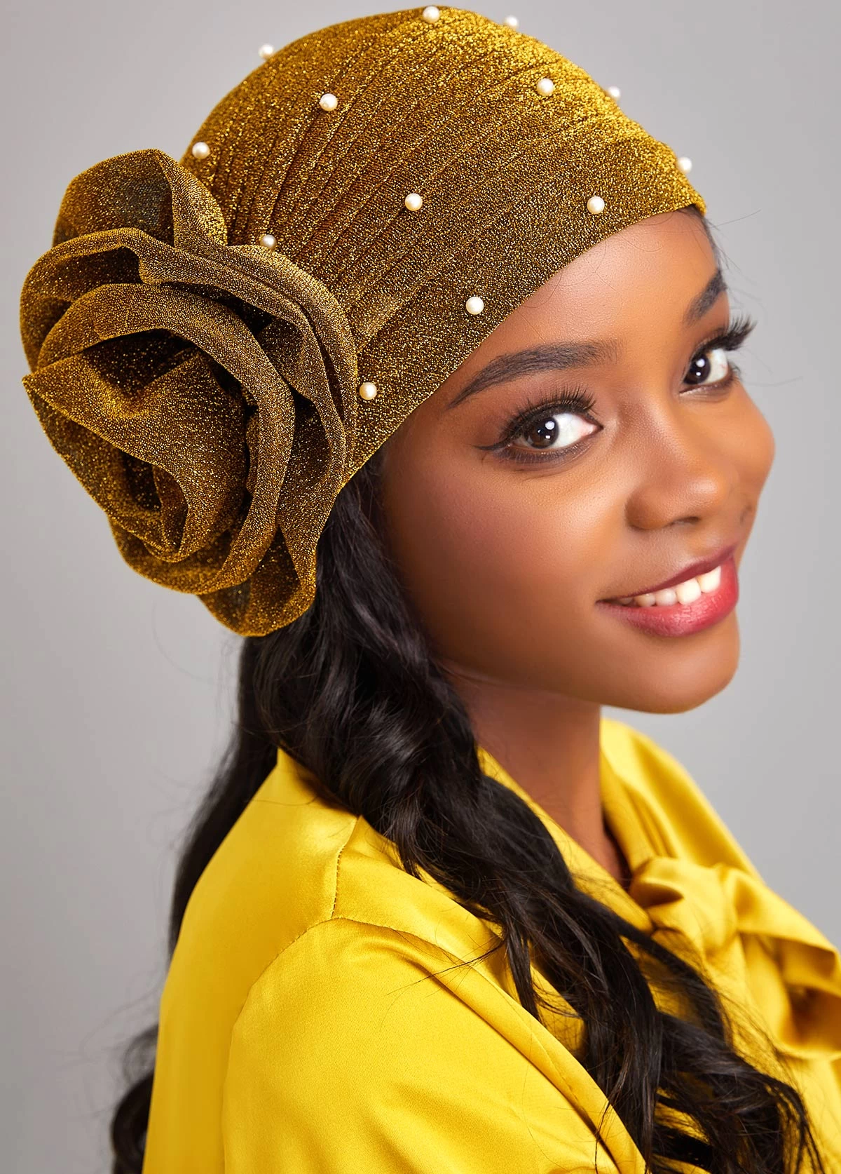 Gold Pearl Design Floral Detail Turban Hat - Image 2
