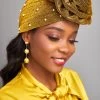 Gold Pearl Design Floral Detail Turban Hat