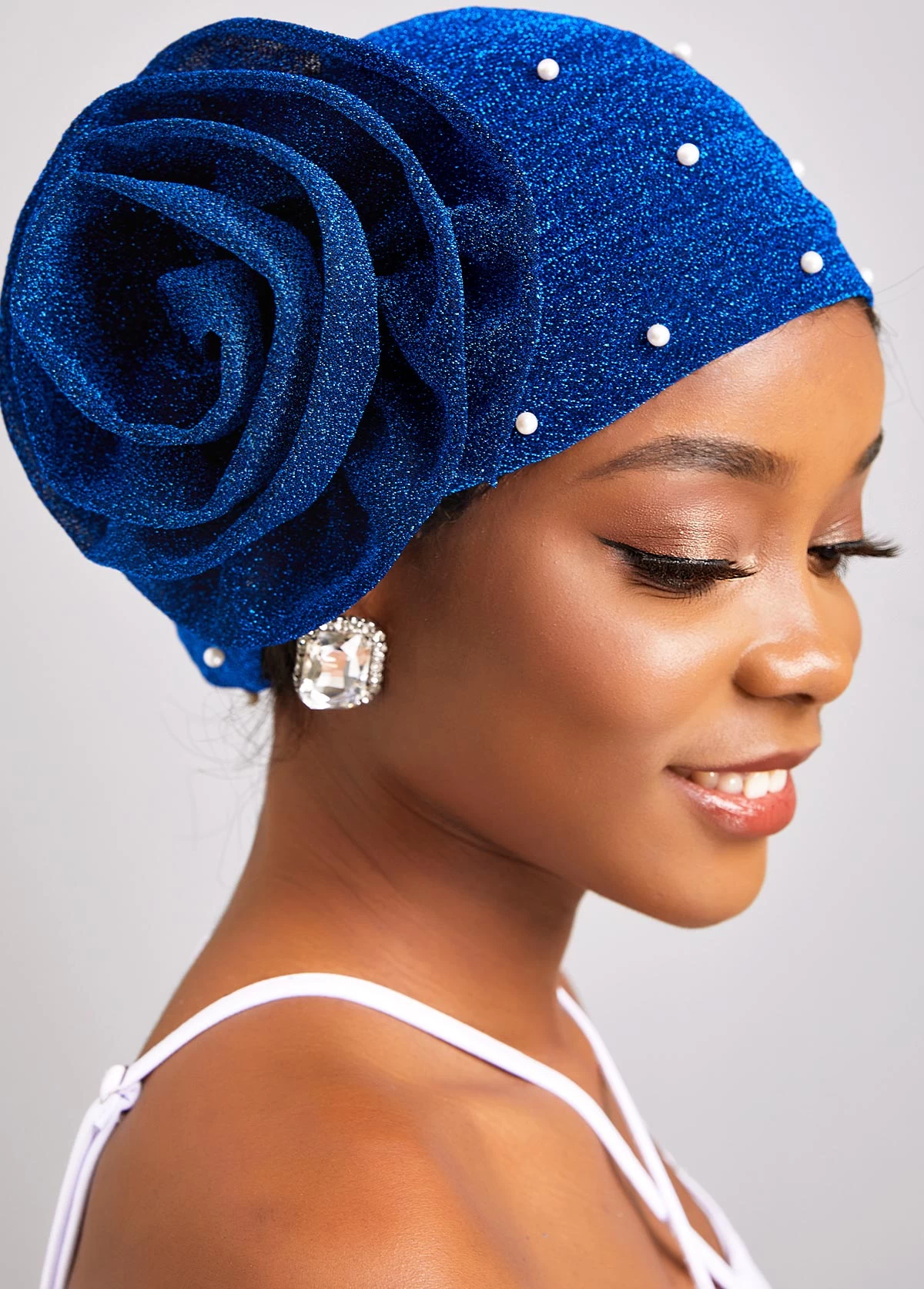 Dark Blue Pearl Flower Turban Hat - Image 2