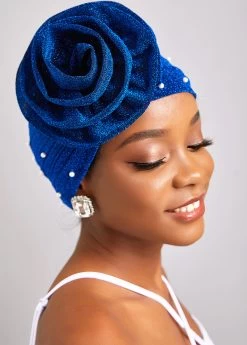 Dark Blue Pearl Flower Turban Hat