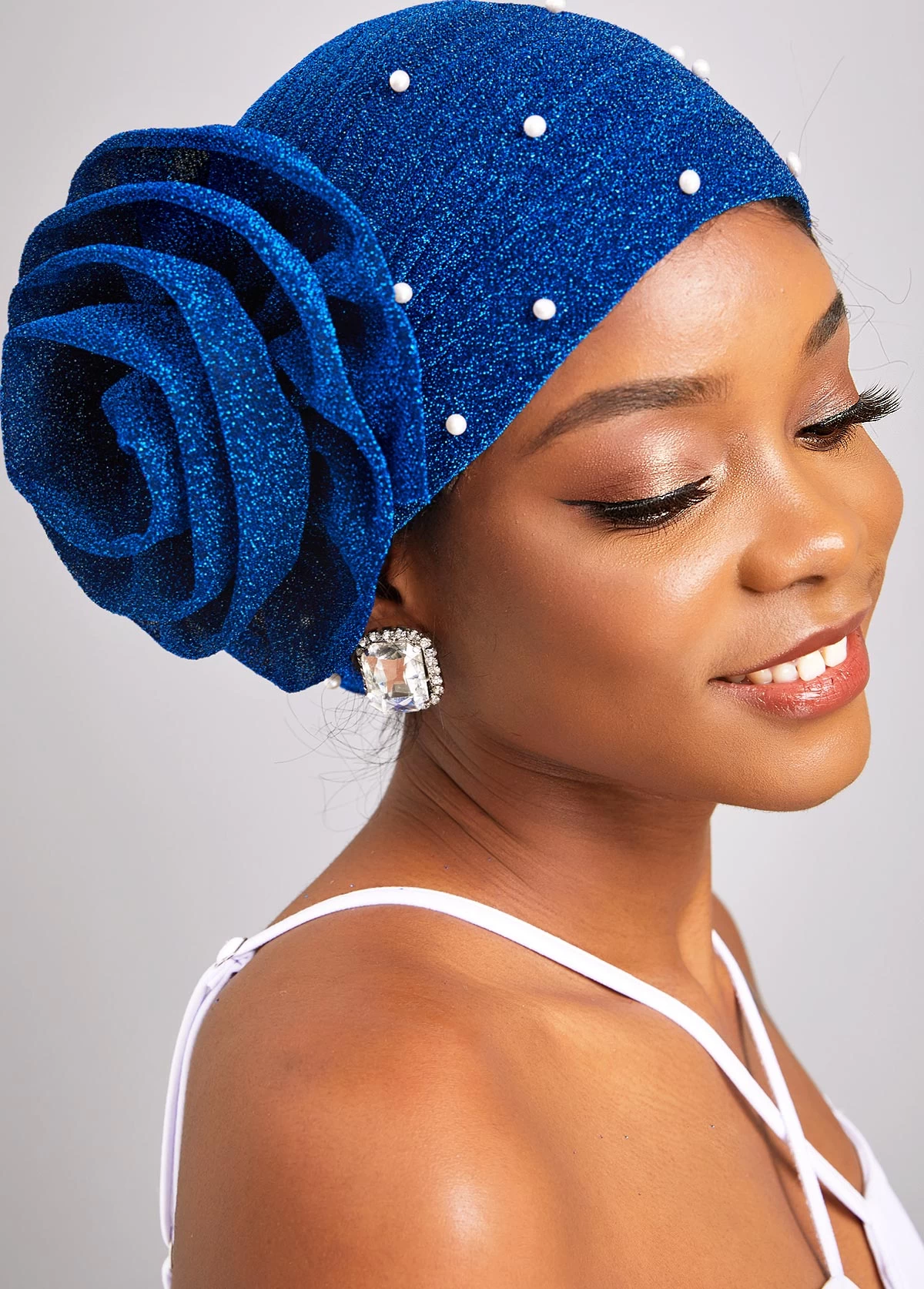 Dark Blue Pearl Flower Turban Hat - Image 3