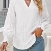 White Breathable Long Sleeve Split Neck Blouse