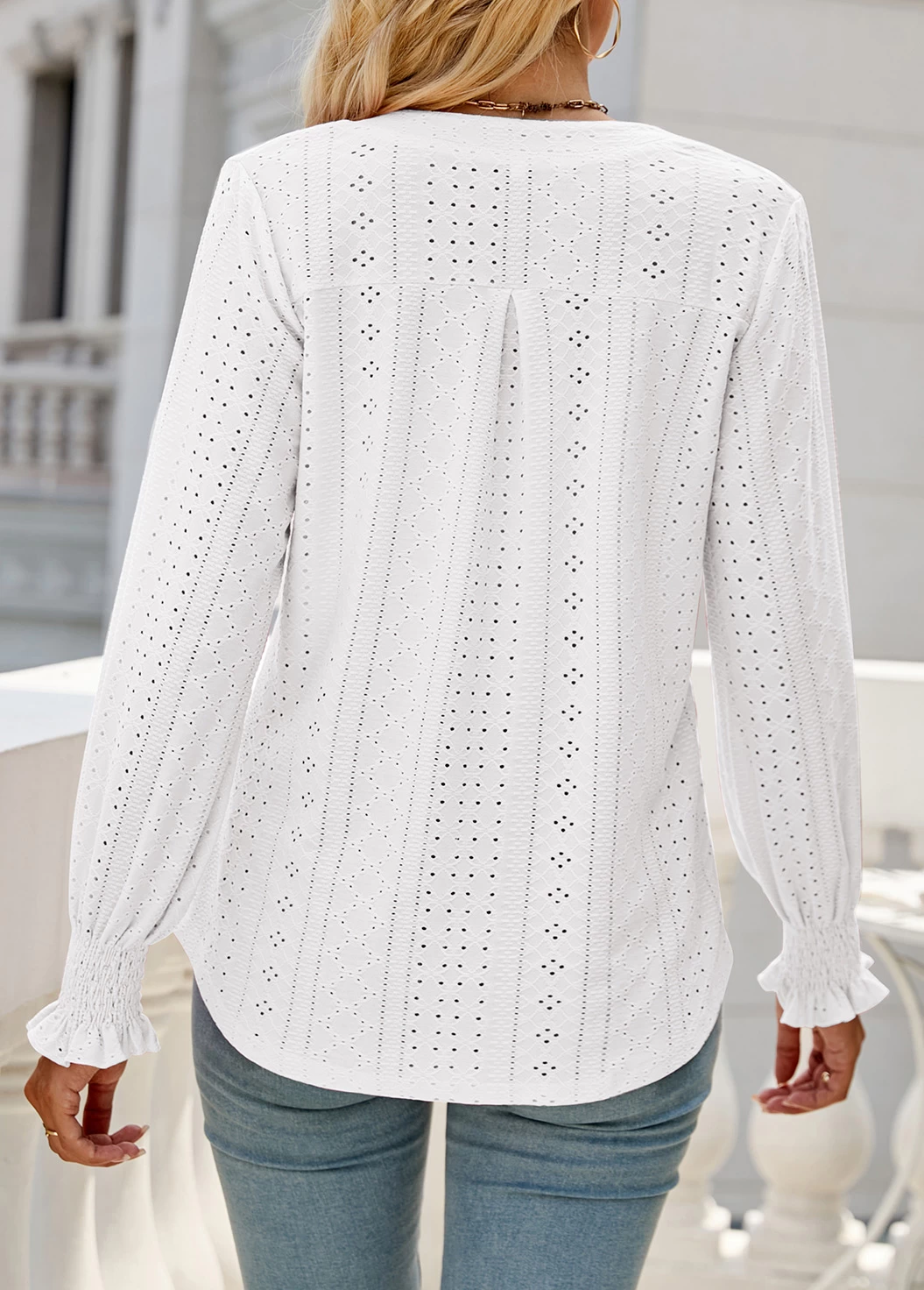 White Breathable Long Sleeve Split Neck Blouse - Image 2