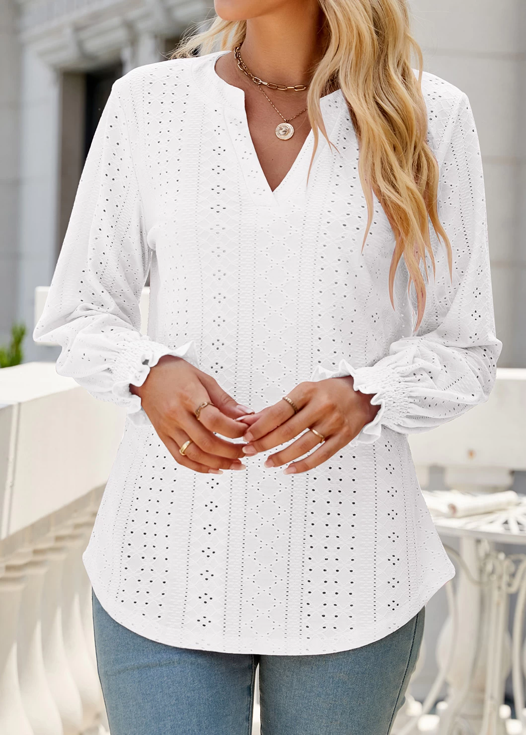 White Breathable Long Sleeve Split Neck Blouse - Image 4