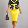 Yellow Patchwork Polka Dot Half Sleeve Bodycon Dress