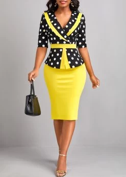 Yellow Patchwork Polka Dot Half Sleeve Bodycon Dress