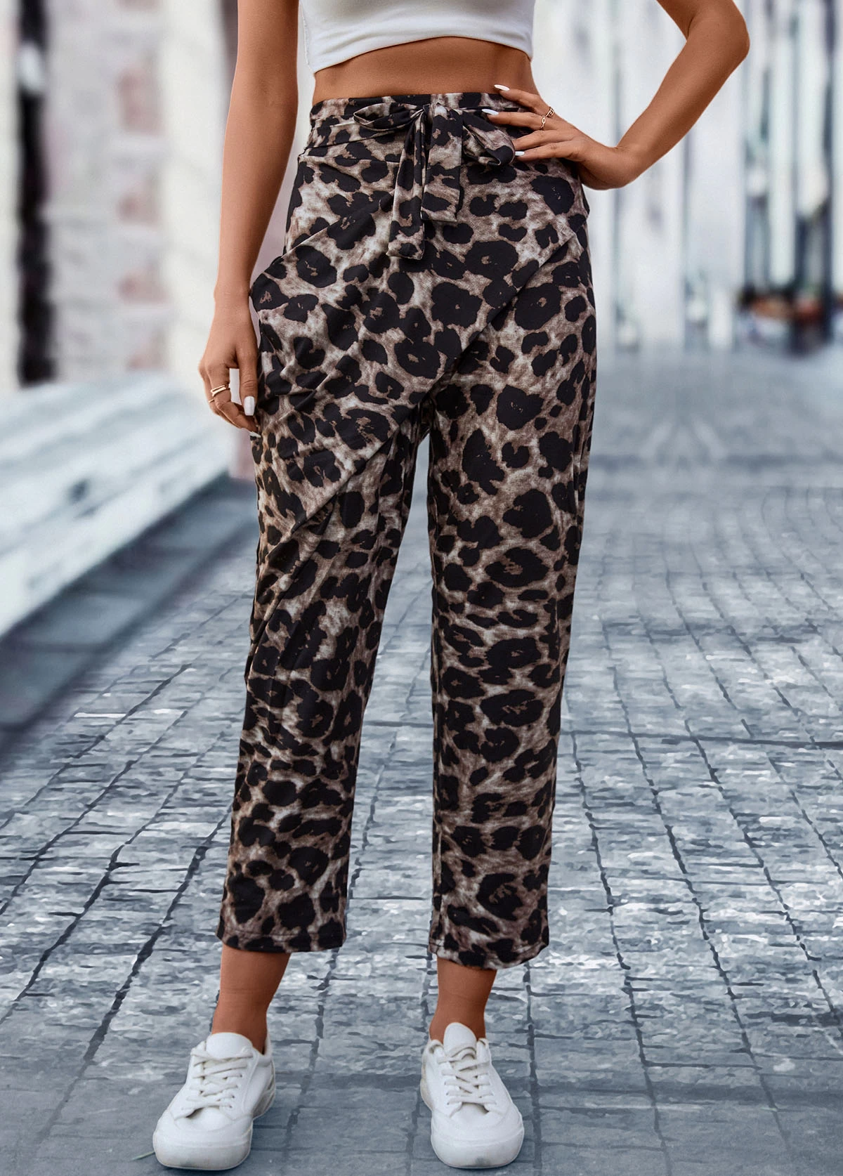 Dark Coffee Pocket Leopard Elastic Waist Belted Pants - Image 4