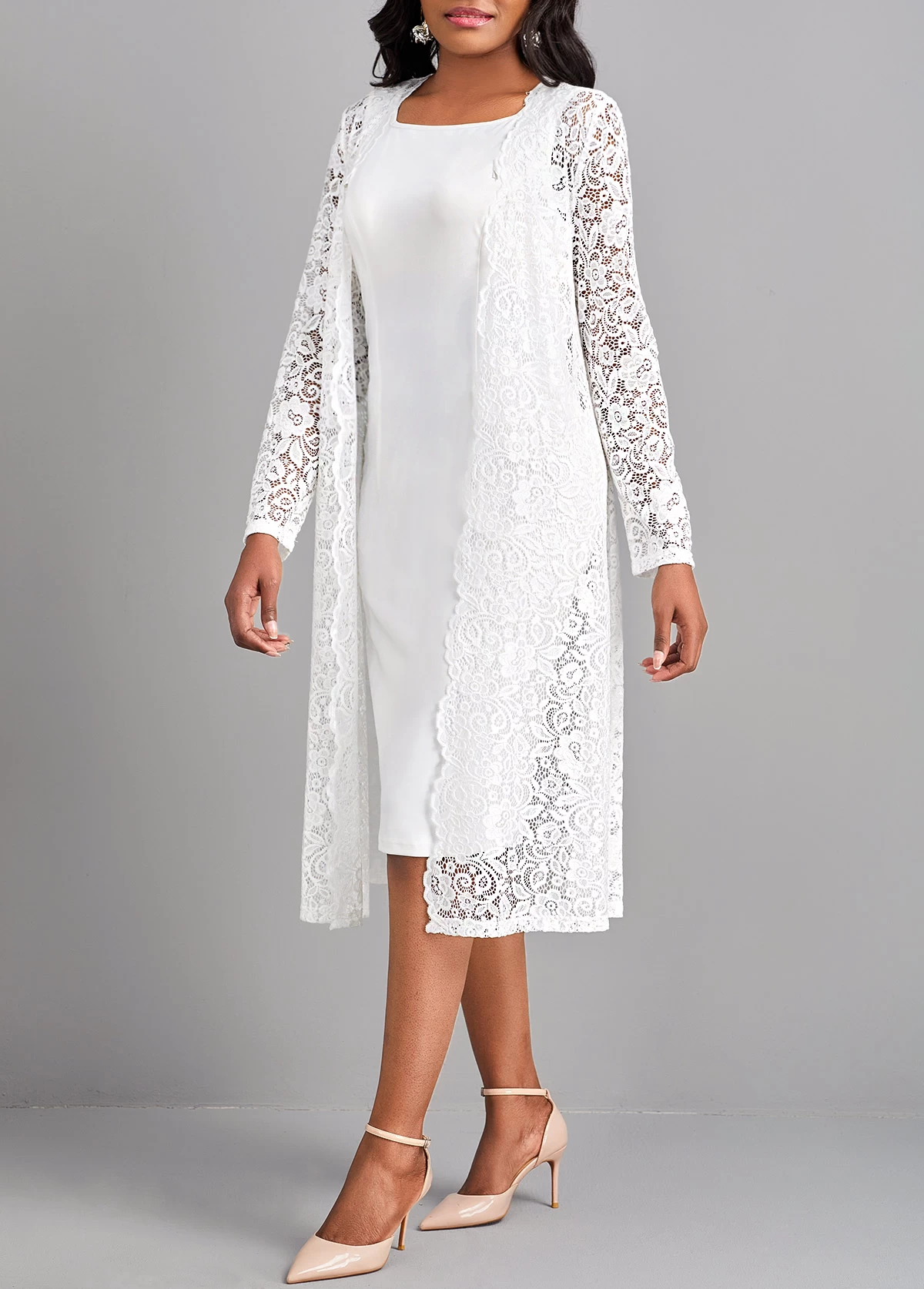 White Lace Two Piece Suit Long Sleeve Dress - Image 4