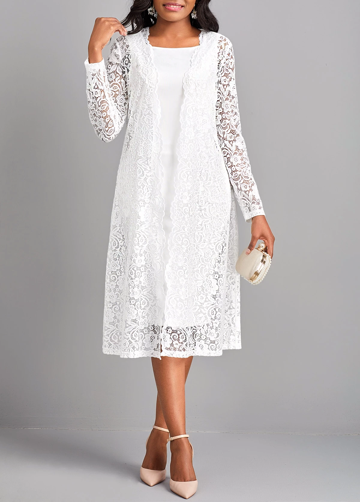 White Lace Two Piece Suit Long Sleeve Dress - Image 5