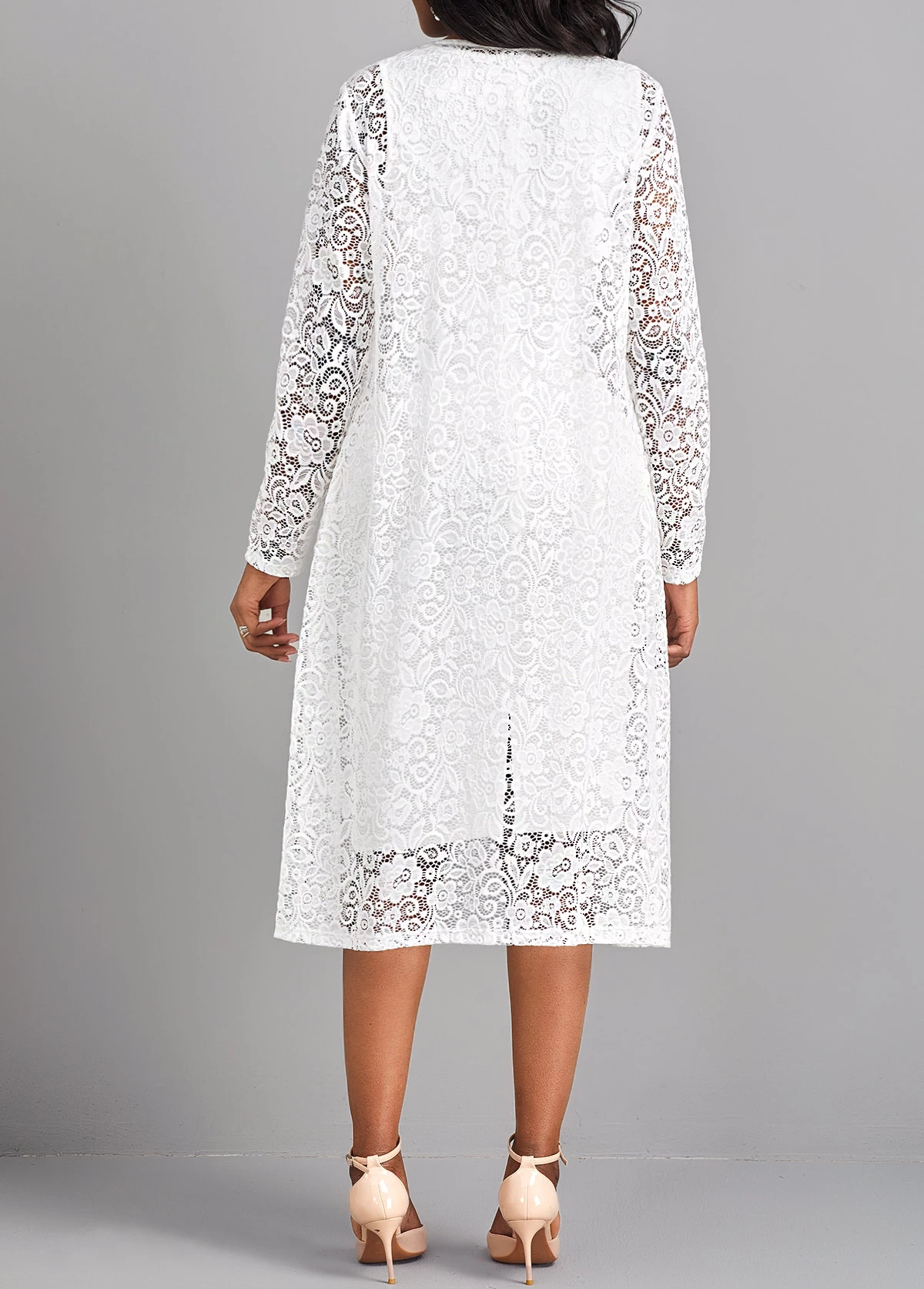 White Lace Two Piece Suit Long Sleeve Dress - Image 3