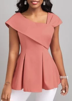 Pink Short Sleeve Asymmetrical Neck Blouse