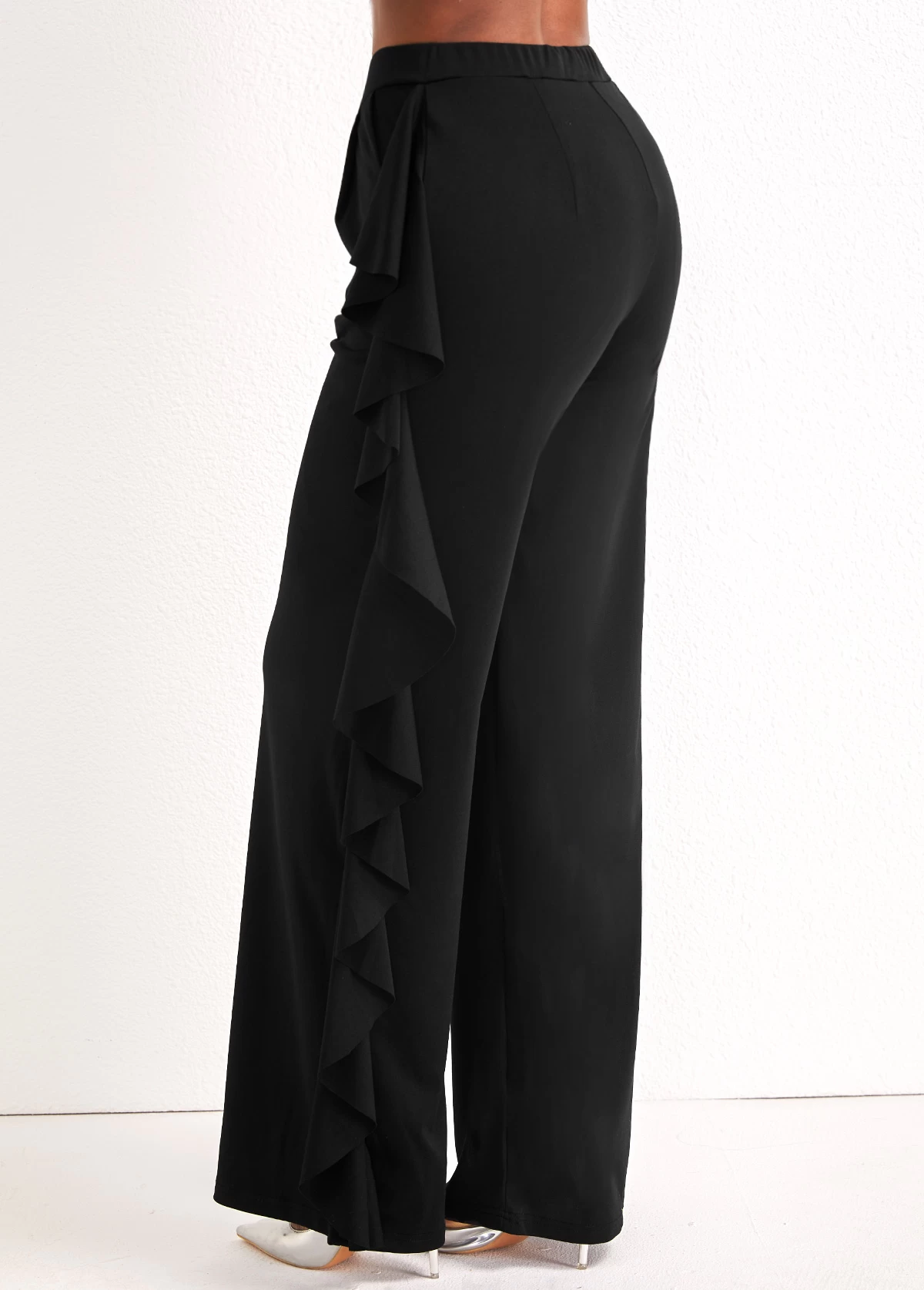 Black Ruffle Wide Leg High Waisted Pants - Image 2