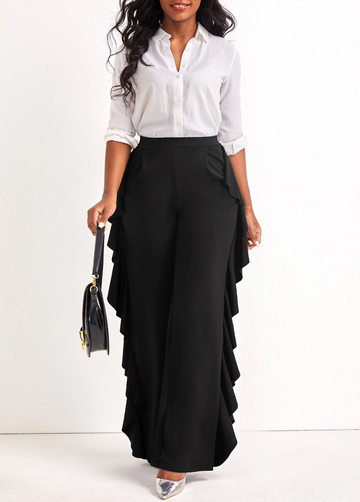 Black Ruffle Wide Leg High Waisted Pants - Image 4