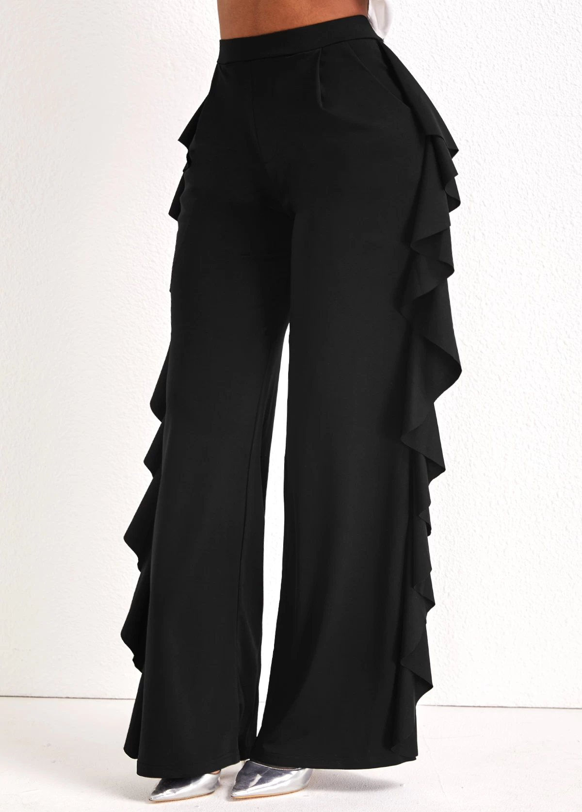 Black Ruffle Wide Leg High Waisted Pants - Image 3